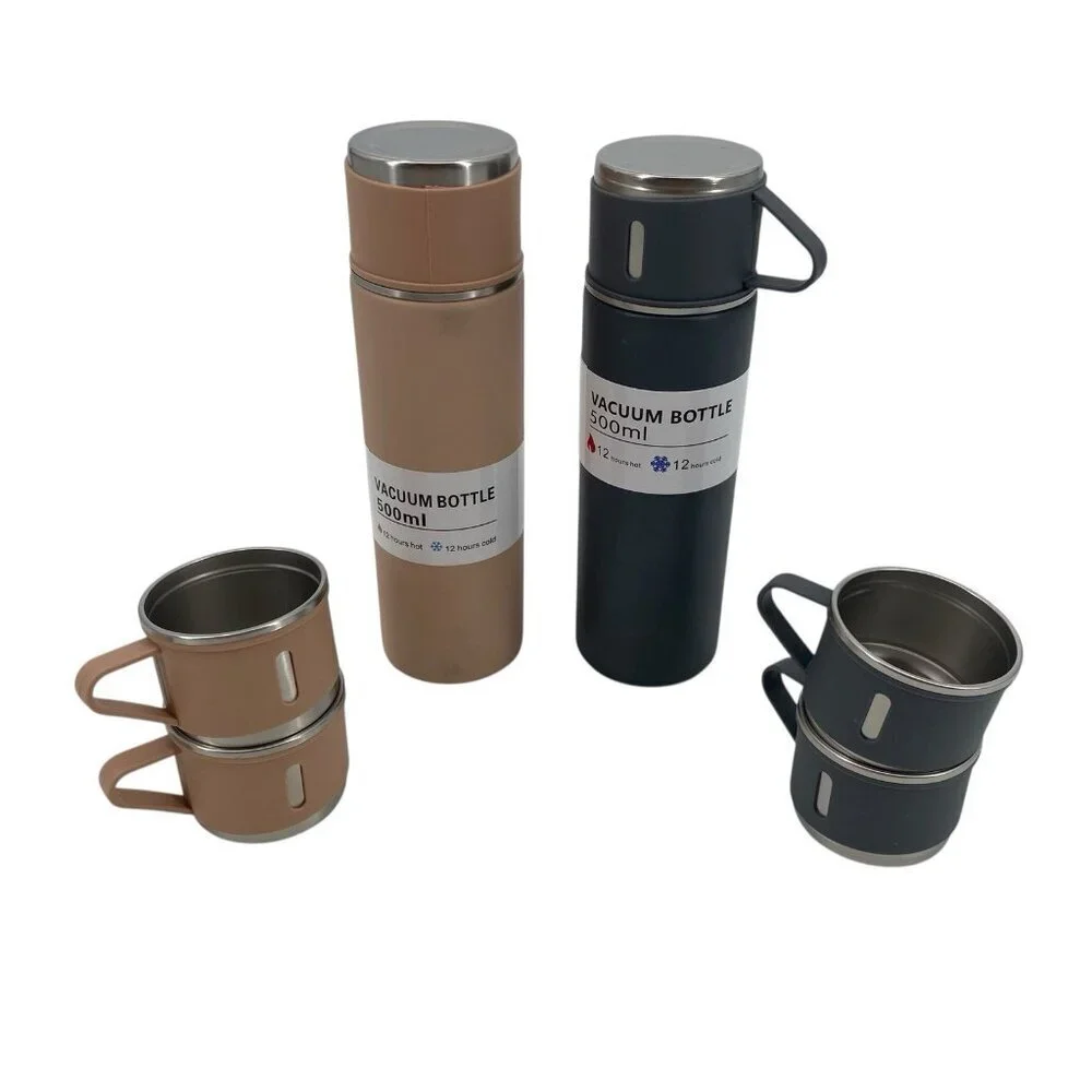 Vacuum Flask (2 Qty) Gift Set 500ML With 4 Extra Cups Pink And Black